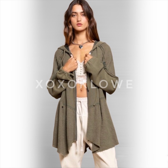 POL Olive Green Zip Up Hoodie Long Line Asymmetrical Hem - Picture 3 of 10